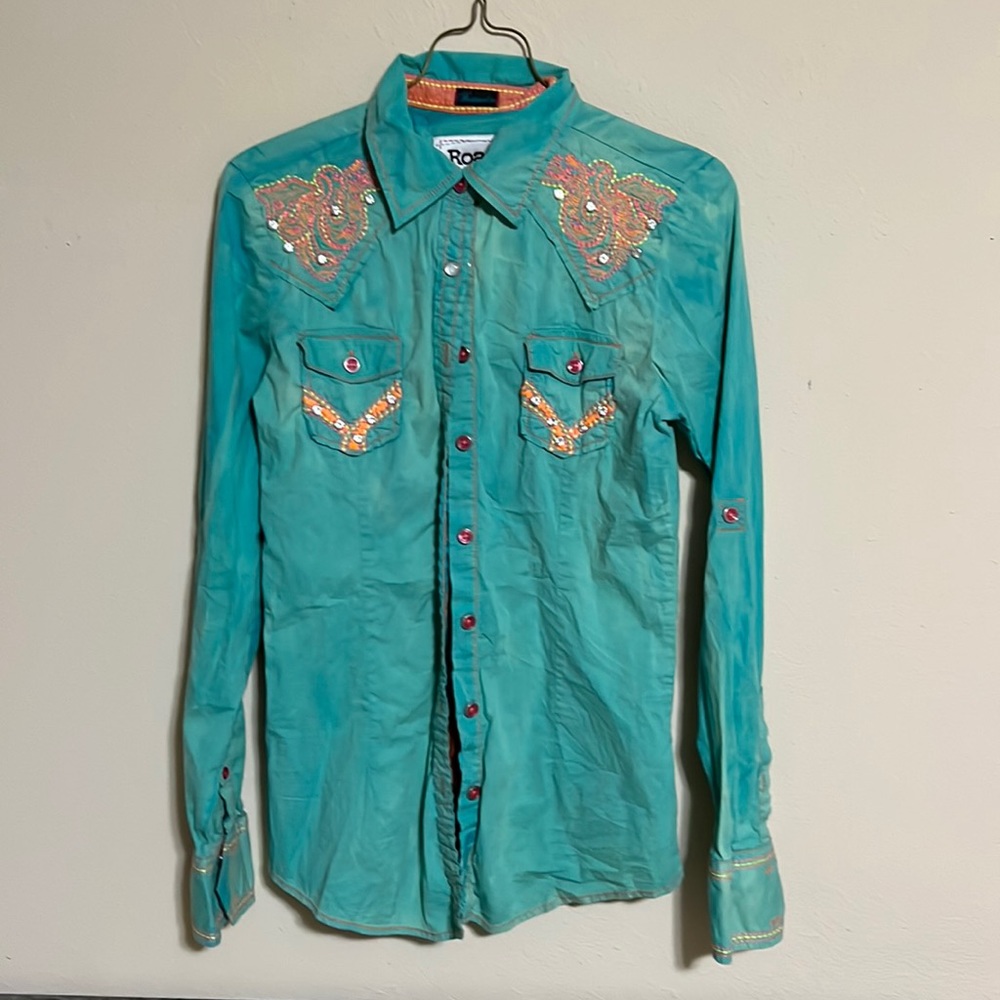 Teal button shirt, size small, ROAR.